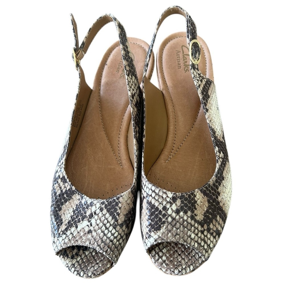 Clarks Artisan Orlena Snakeskin Wedge Sandals - Currant Natural Print - Size 8.5